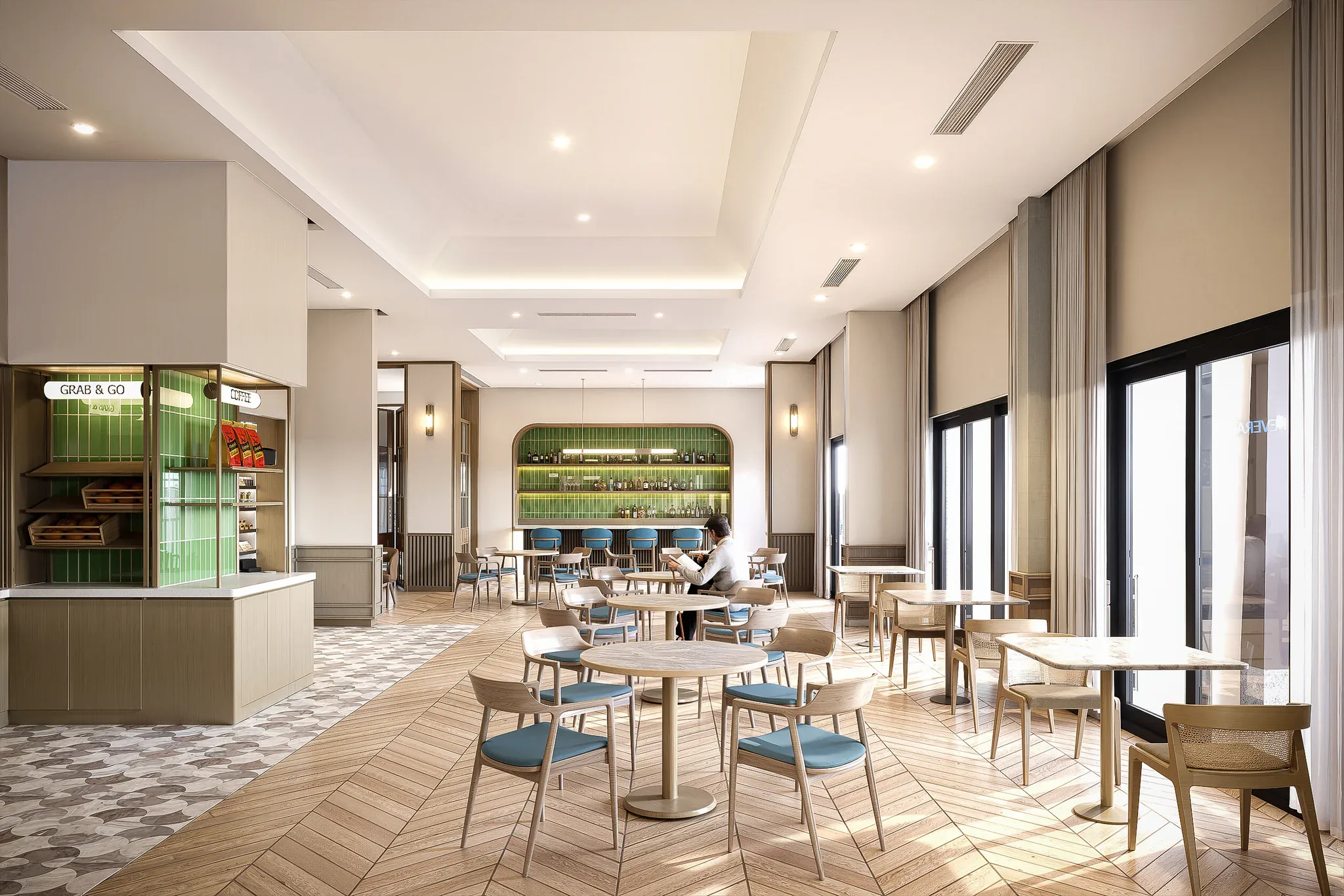 Không gian Bistro với quầy phục vụ và bàn ăn nhỏ