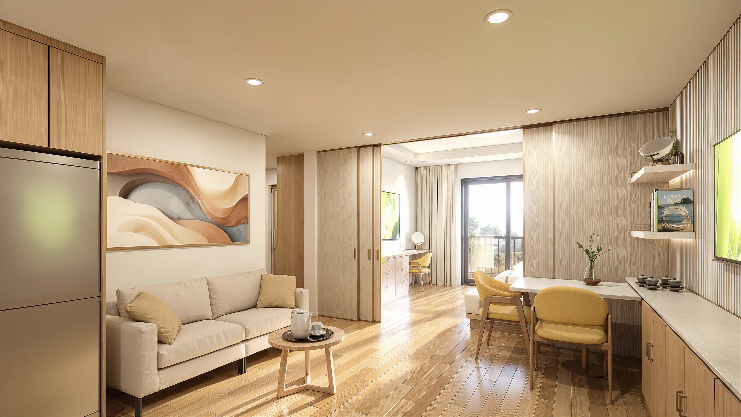 Căn hộ mẫu với phòng khách, bàn ăn và ban công tại Vin New Horizon Tuyên Quang