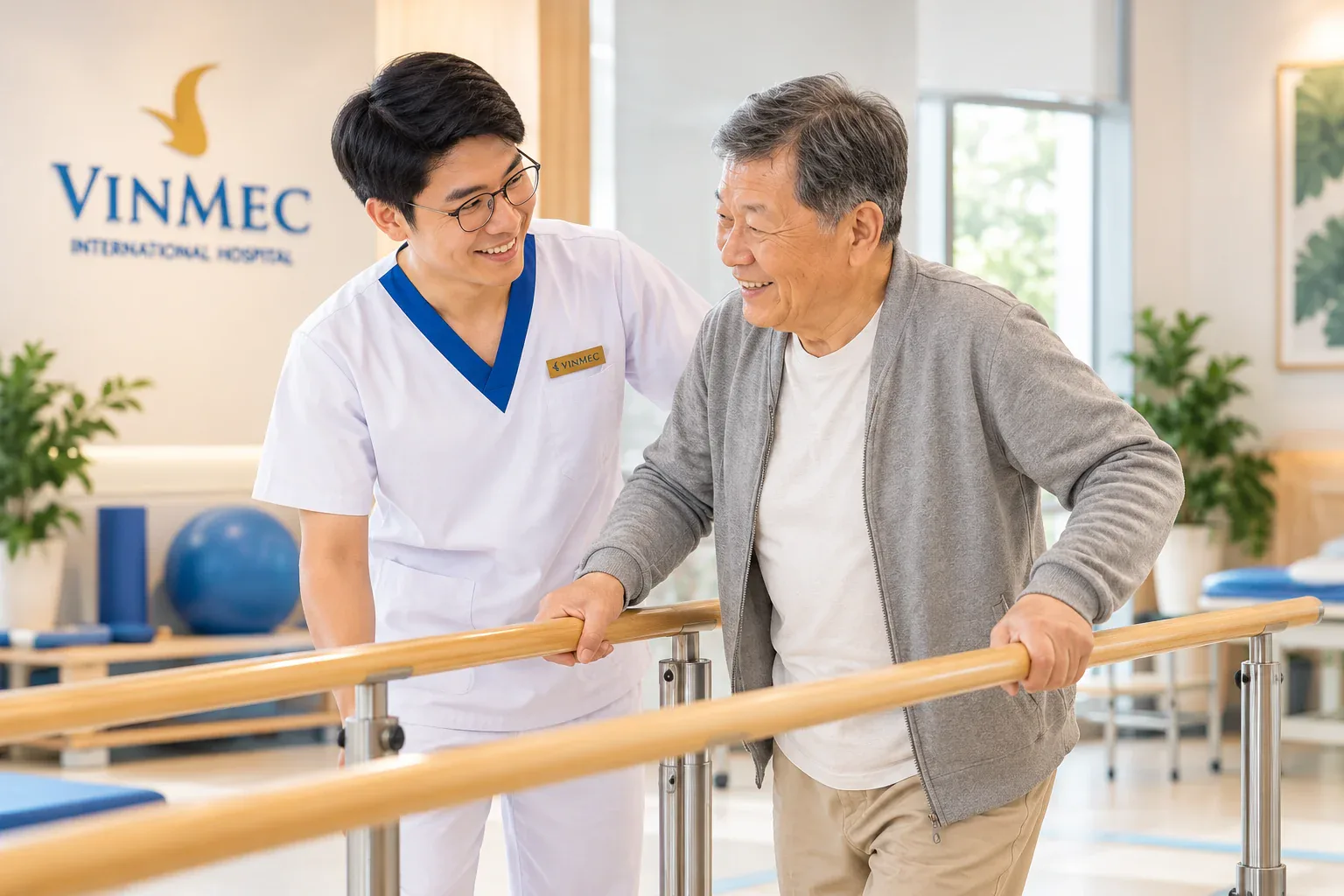 Kỹ thuật viên đồng hành cùng cụ ông tập đi với thanh vịn phục hồi chức năng