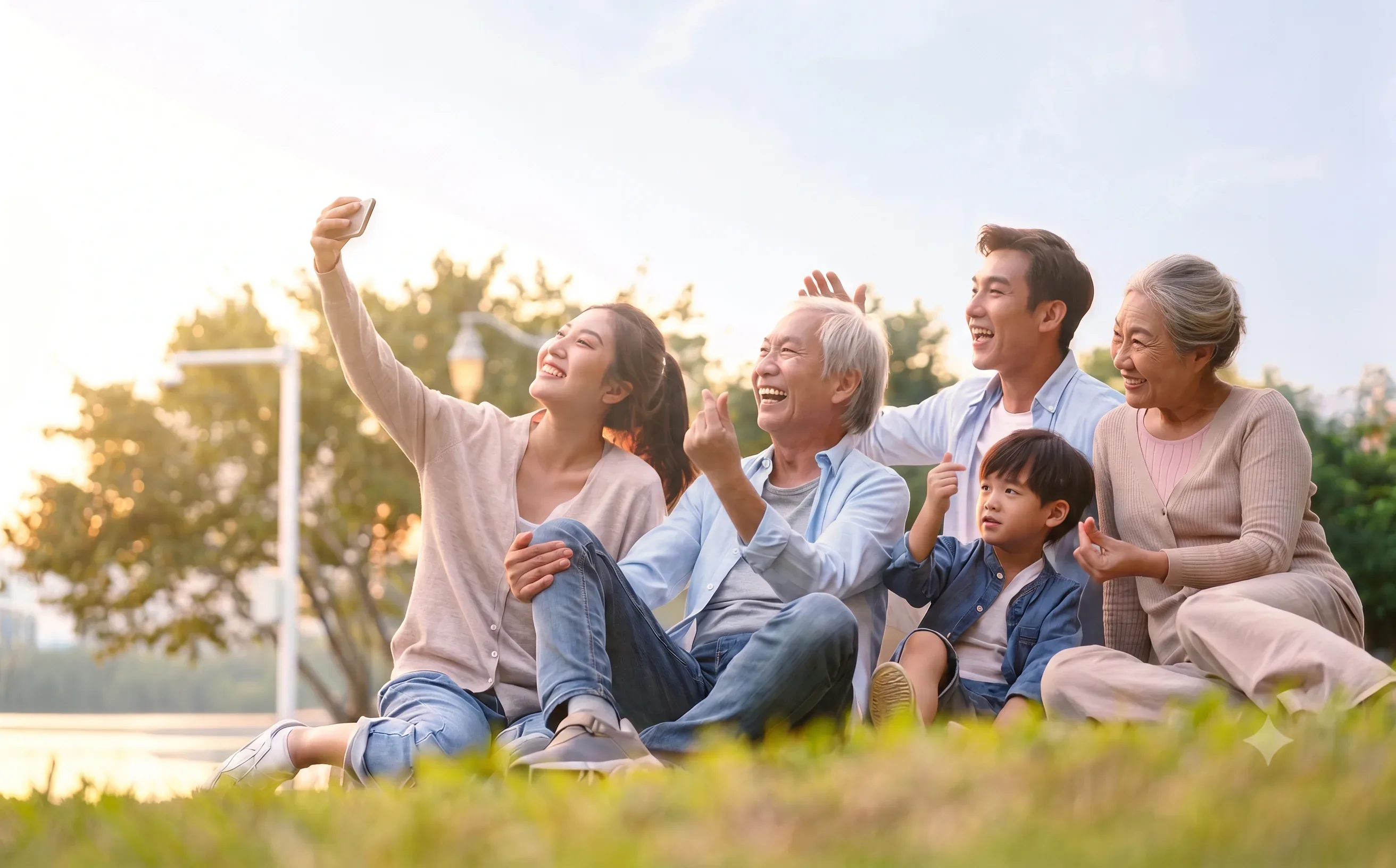 Gia đình ba thế hệ ngồi trên bãi cỏ cùng chụp ảnh selfie trong công viên