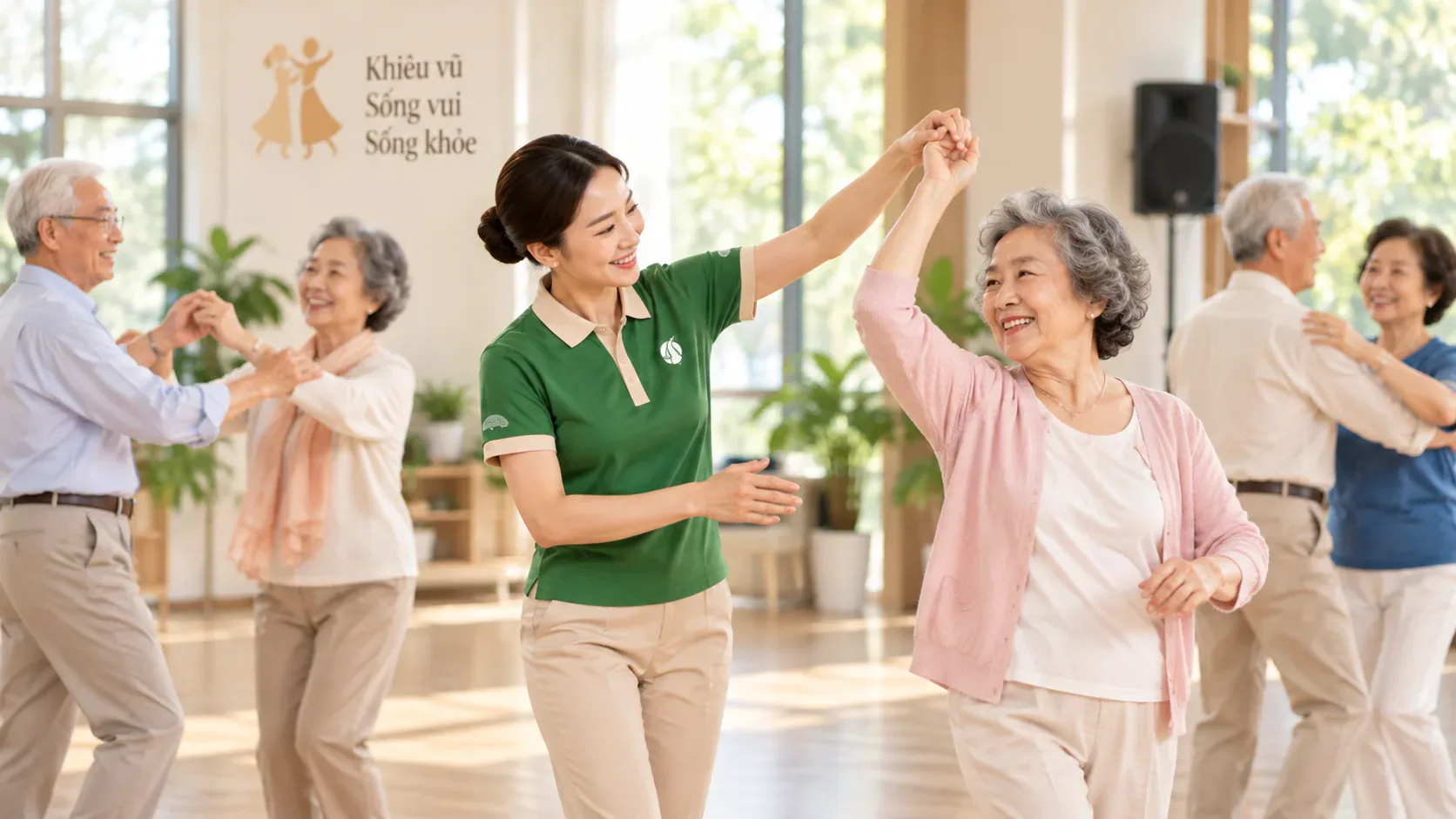 Cư dân khiêu vũ cùng hướng dẫn viên