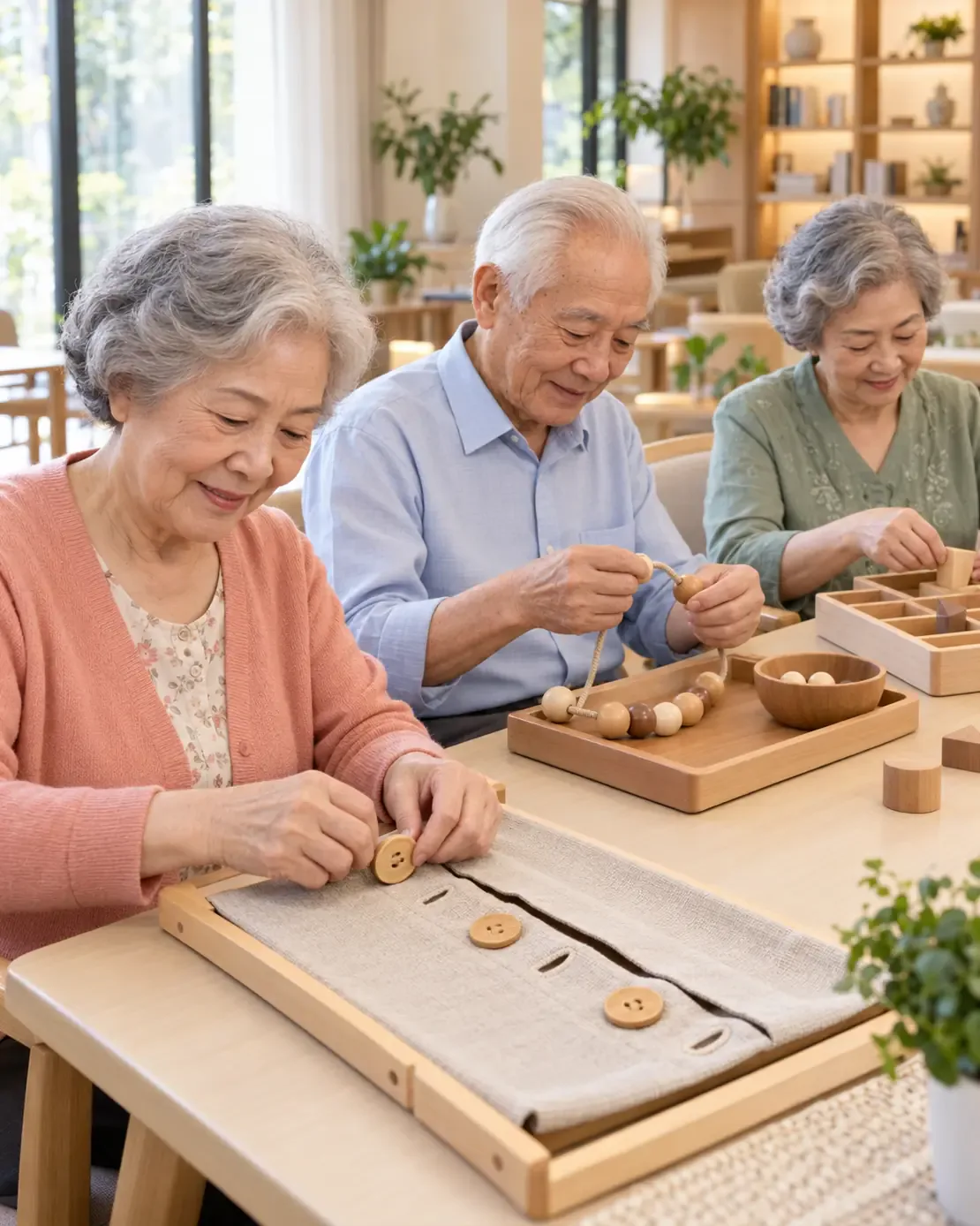 Bàn tay người cao tuổi phân loại hạt màu vào khay