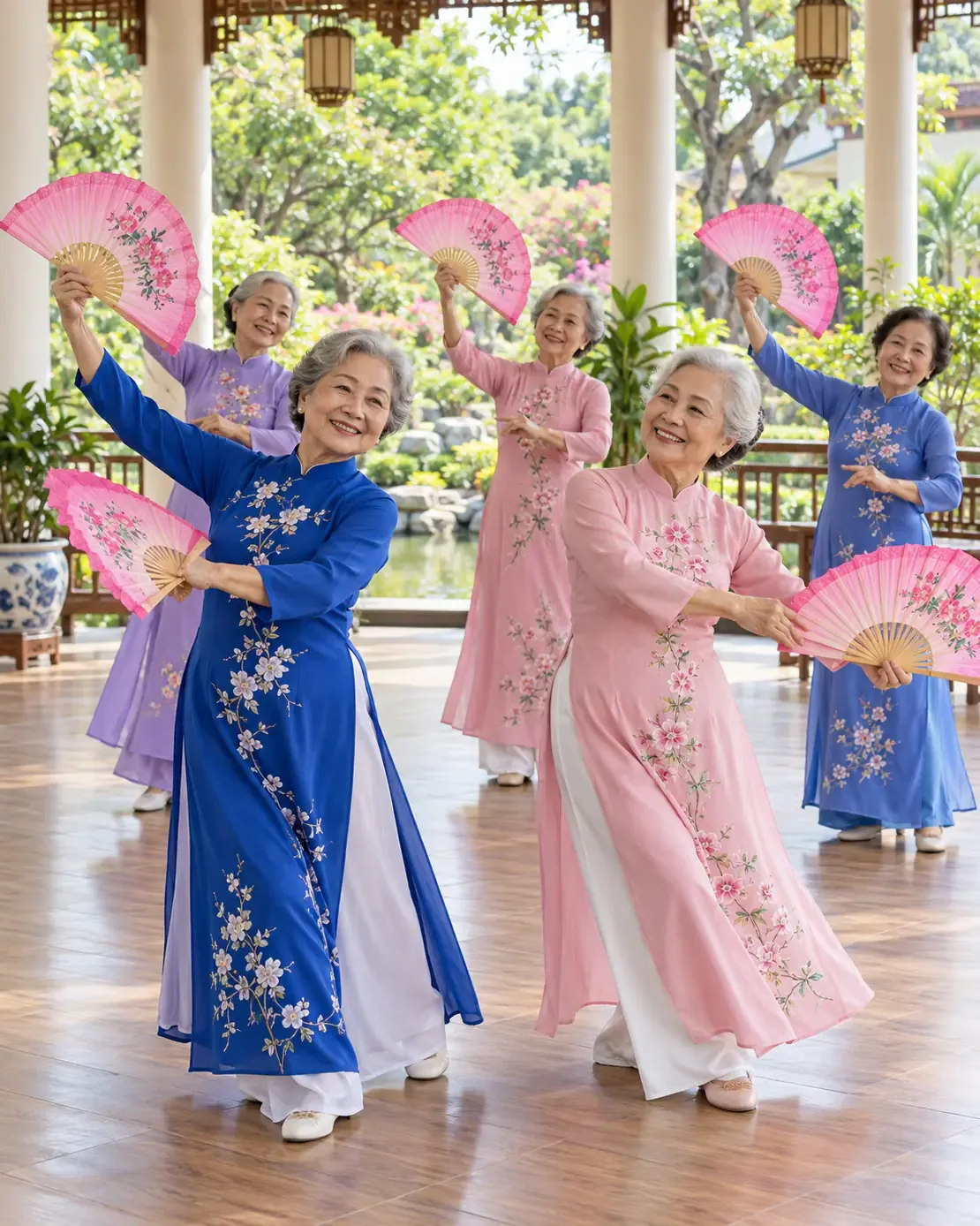 Các cô mặc áo dài múa quạt
