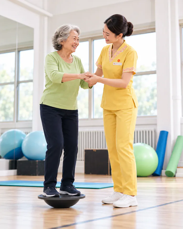 Người cao tuổi luyện thăng bằng cùng người chăm sóc