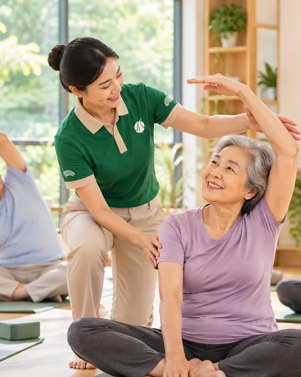 Nhân viên hướng dẫn một bà cụ giãn cơ trong phòng tập