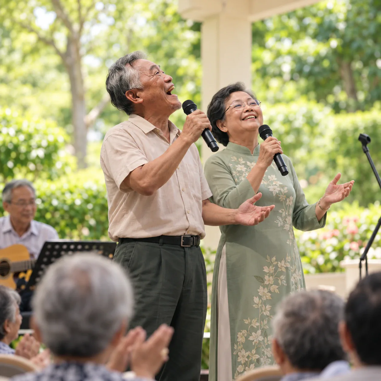 Hai ông bà song ca trước khán giả trong khu vườn