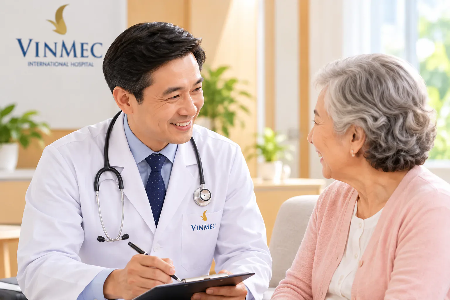 Bác sĩ Vinmec trò chuyện cùng một cụ bà