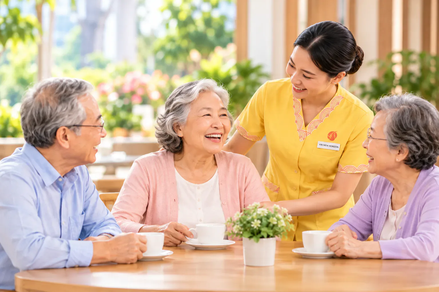 Cư dân cao tuổi uống trà, trò chuyện cùng nhân viên chăm sóc