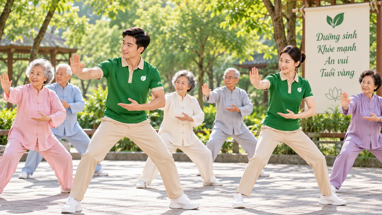 Cư dân tập dưỡng sinh ngoài trời cùng huấn luyện viên